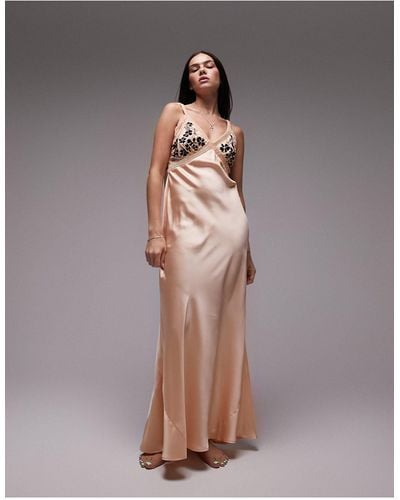 TOPSHOP Satin Embroidered Maxi Slip Dress - Brown