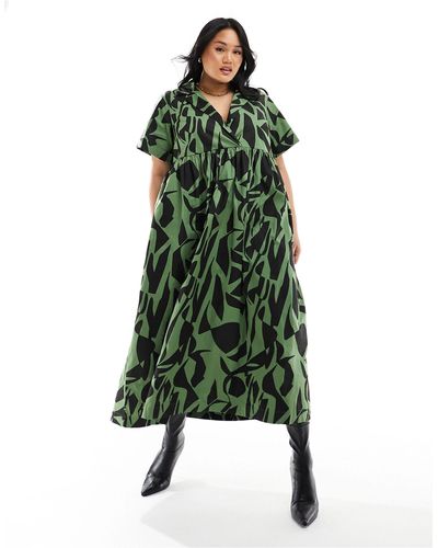 ASOS Asos Design Curve Smock Midi Shirt Dress With Revere Collar - Green