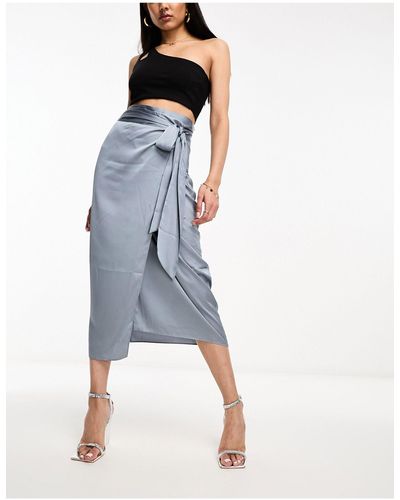 Style Cheat Satin Wrap Midi Skirt Co-ord - Blue