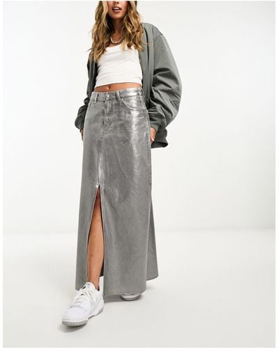 Pull&Bear Metallic Denim Midi Skirt With Split Front Co-ord - White