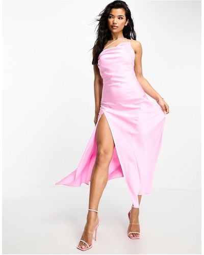 Aria Cove Satin Asymmetric Neckline Thigh Split Maxi Dress - Pink