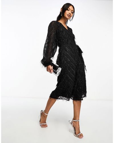 Vila Fluffy Textured Wrap Midi Dress - Black