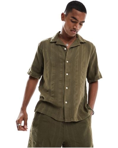 Abercrombie & Fitch Dobby Stripe Short Sleeve Shirt Relaxed Fit - Green