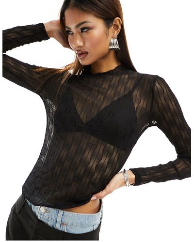 Object Textured Sheer Long Sleeve Top - Black