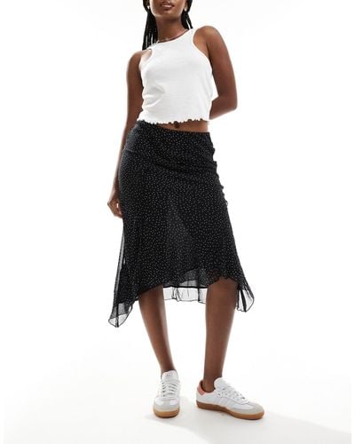 Mango Aysmettric Hem Spot Printed Midi Skirt - Black