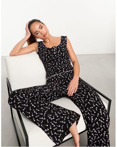 Daisy Street Pyjama en maille pointelle avec pantalon et caraco à petites fleurs - Noir