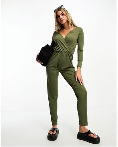 I Saw It First Ribbed Wrap Front Jumpsuit - Green