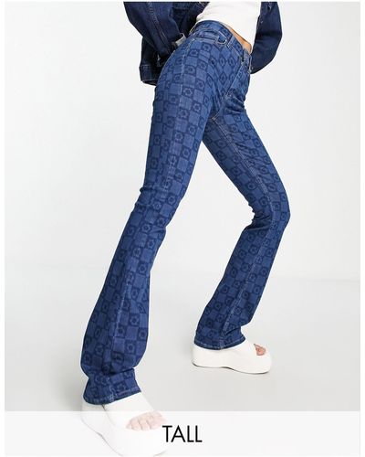 ONLY High Waisted Flower & Checkerboard Flared Jeans - Blue