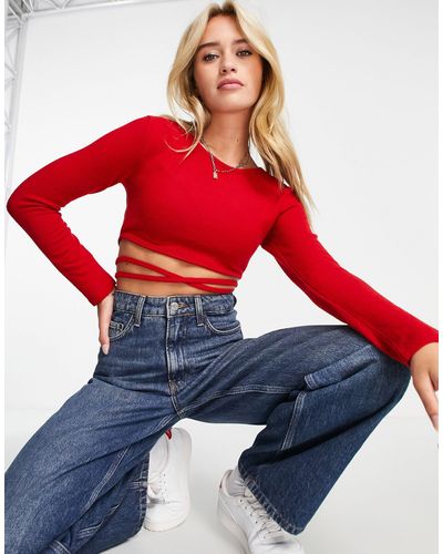 Vila Brushed Long Sleeved Crop Top With Strapping Detail - Red