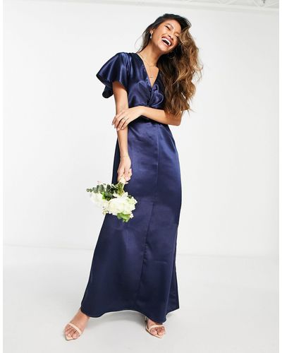 Vila Bridesmaid Satin Flutter Sleeve Maxi Dress - Blue