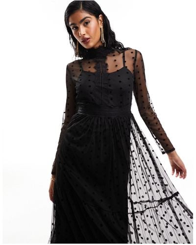 LACE & BEADS High Neck Lace Tulle Midaxi Dress - Black
