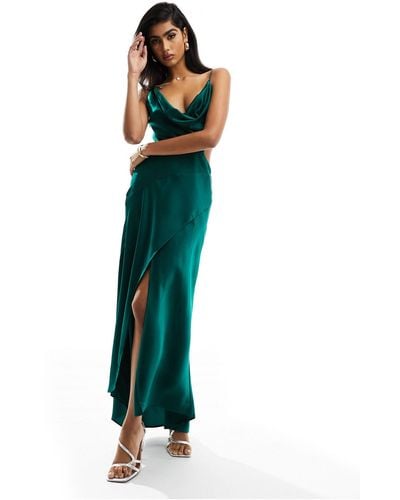 ASOS Satin Cowl Midaxi Dress With Cut Out Waist And Graduated Hem - Green