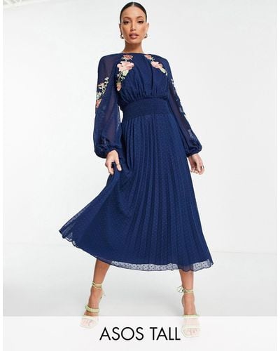 ASOS Asos Design Tall - Dobby Gesmokte Midi-jurk Met Open Achterkant En Plooien - Blauw