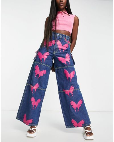 Daisy Street Jeans a fondo ampio stile skater con stampa di farfalle stile y2k - Blu
