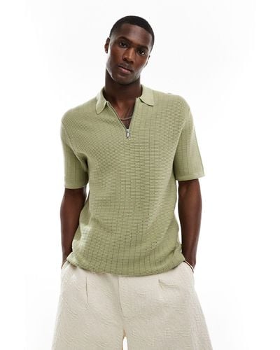 Only & Sons Half Zip Open Knit Polo - Green