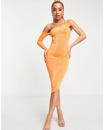 Fashionkilla One Shoulder Strappy Back Midi Dress - Orange