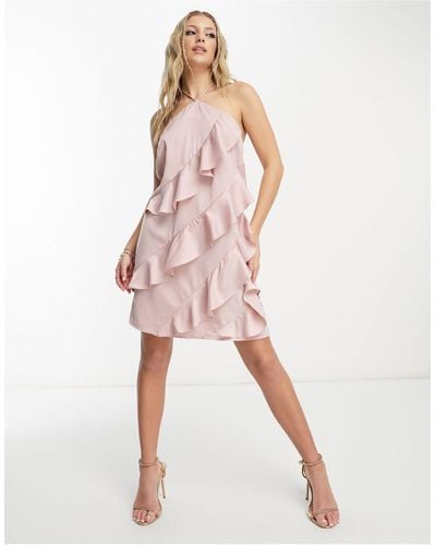 Pieces Premium Satin Halter Neck Ruffle Detail Mini Dress - Pink