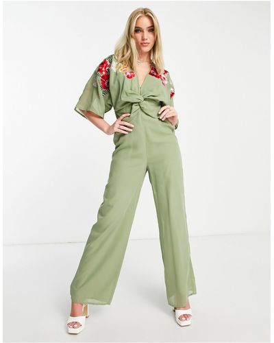 Hope & Ivy Embroidered Plunge Wide Leg Jumpsuit - Green