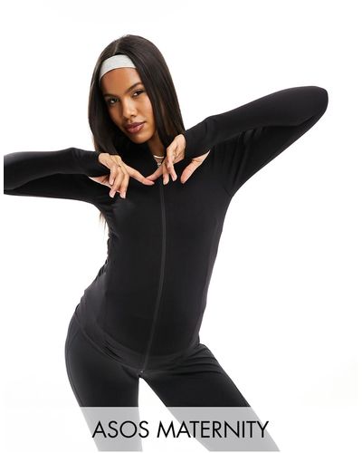 ASOS 4505 Maternity Seamless Zip Through Training Long Sleeve Top - Black