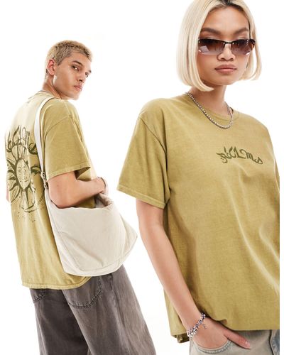 Reclaimed (vintage) Camiseta lavado extragrande unisex con estampado gráfico cósmico en la espalda - Amarillo