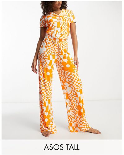ASOS Asos Design Tall - Exclusives - Pyjamaset Van Viscose Met Overhemd En Broek - Wit