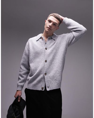 TOPMAN Knitted Button Through Cardigan - Gray