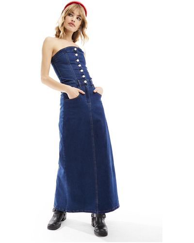 Reclaimed (vintage) Vestido vaquero largo lavado con escote palabra - Azul