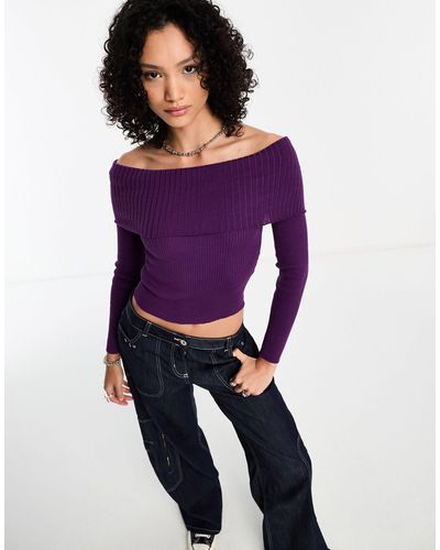Daisy Street Off Shoulder Fitted Jumper - Purple