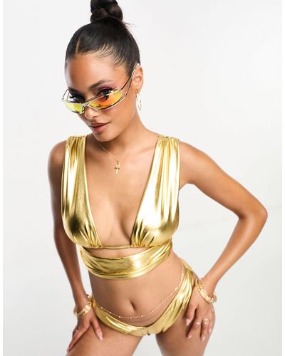 ASOS Gathered Deep Wrap Crop Bikini Top - Metallic