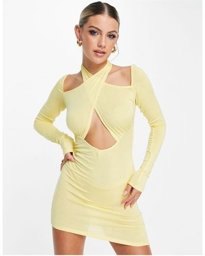 AsYou Long Sleeve Cross Neck Beach Dress - Yellow