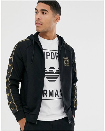 Emporio Armani Gold Logo Taped Zip Thru Hoodie - Black