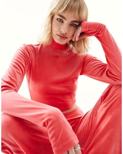 adidas Originals Velvet Long Sleeve Crop Top - Red