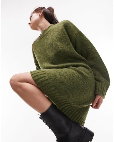 TOPSHOP Knitted Crew Neck Mini Sweater Dress - Green