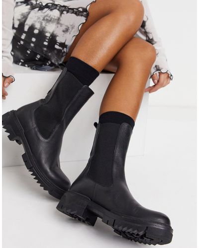 NA-KD Leather Chunky Flat Chelsea Boots - Black