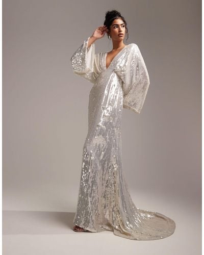 ASOS Harriet Sequin Plunge Kimono Sleeve Wedding Dress - Grey
