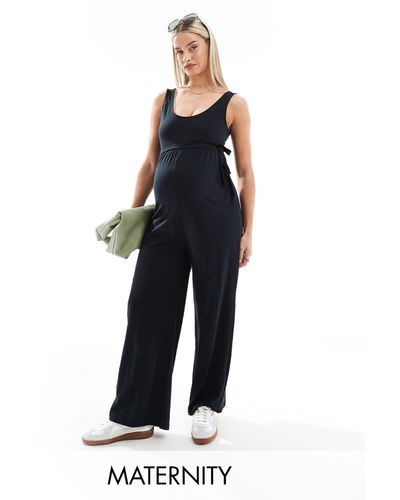 Mama.licious Mamalicious Maternity Belted Jersey Jumpsuit With Wide Leg - Blue