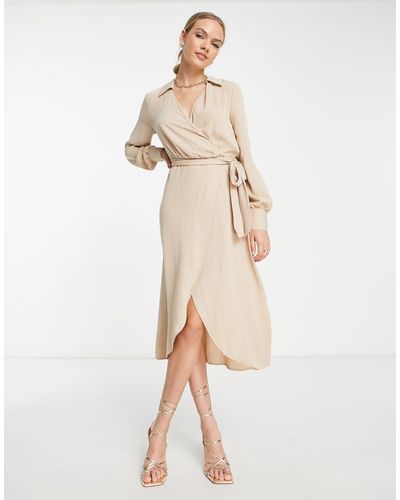 ASOS Collared Wrap Midi Dress With Tie Belt - Natural
