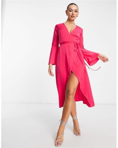 ASOS Bias Cut Satin Midi Wrap Dress With Tie Waist - Pink