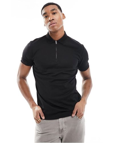 SELECTED Half Zip Polo Shirt - Black