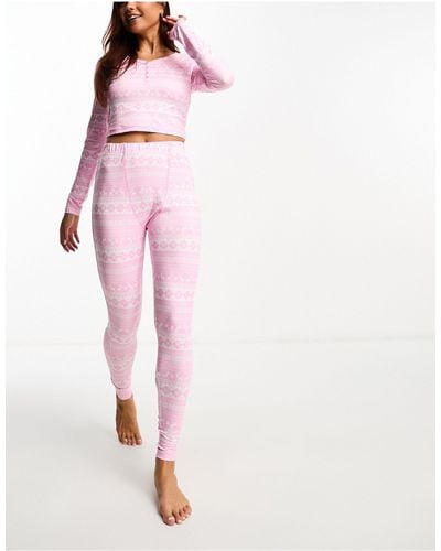 Loungeable – langärmliges, geknöpftes oberteil und leggings aus jersey mit norwegermuster - Pink