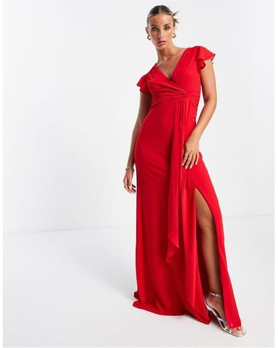 TFNC London Bridesmaid Flutter Sleeve Ruffle Detail Maxi Dress - Red