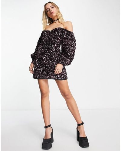 Amy Lynn Bardot Neck Mini Dress With Puff Sleeves - Black