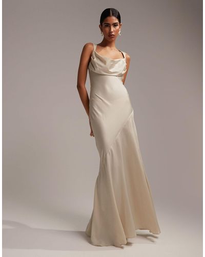 ASOS Bridesmaid Satin Cowl Front Maxi Dress With Paneled Skirt - Natural
