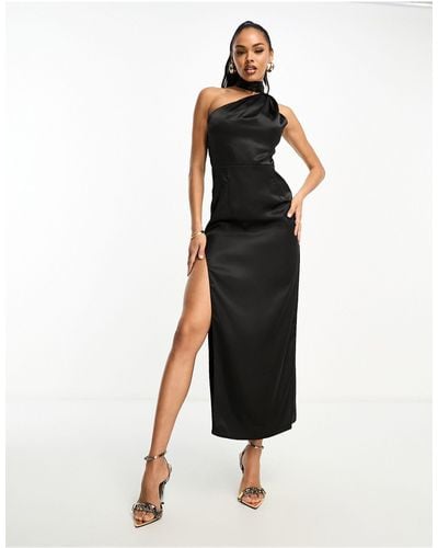 Aria Cove Satin Scarf Maxi Dress With Thigh Split - Black