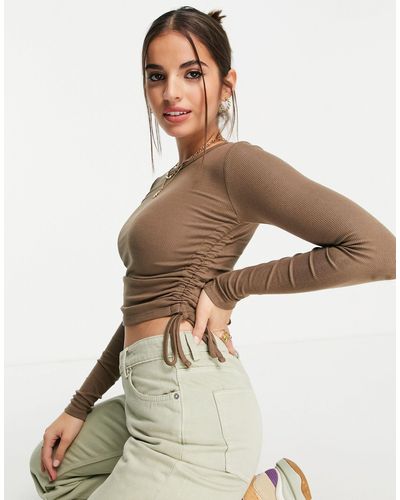 Pull&Bear Long-sleeved Top With Ruching - Brown