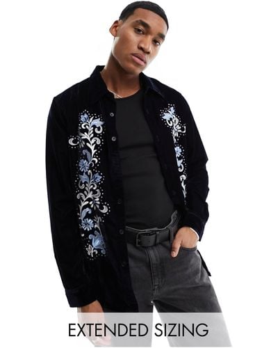 ASOS Regular Fit Velvet Shirt With Embroidery - Black