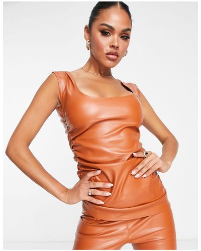 Fashionkilla Leather Look Ruched Side Top Co-ord - Orange