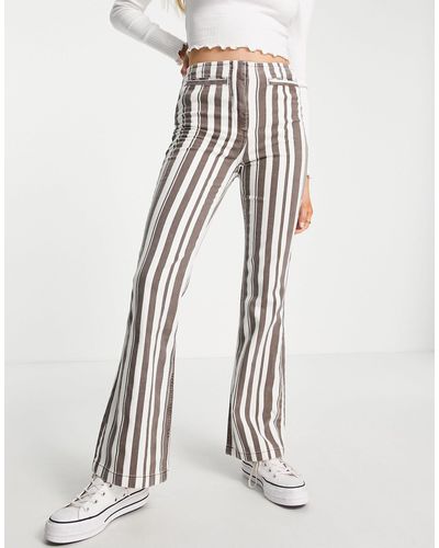 TOPSHOP High Waist Stripe Print Flared Trouser With Front Pockets - Brown