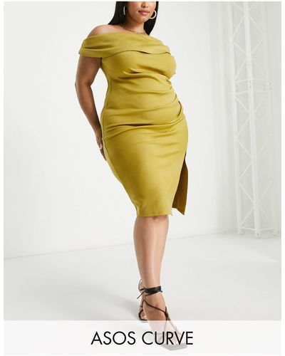 ASOS Asos Design Curve Fallen Shoulder Pleat Midi Dress - Yellow