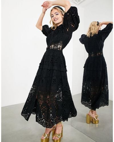 ASOS Waisted Broderie Midi Shirt Dress With Puff Sleeve - Black
